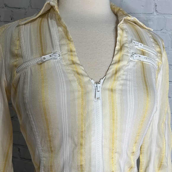 ✨Vintage 1990's Cache Striped White Yelllow/Gold Zipper Long Sleeve Blouse ✨ M - Picture 6 of 9